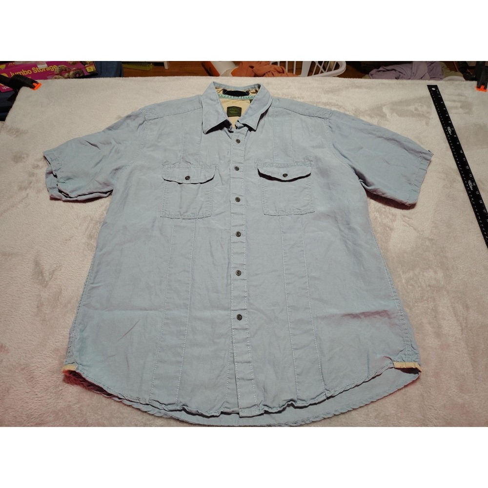 Timberland Shirt Men L‎ Blue Linen Blend Work Dad Travel Classic Short Sleeve